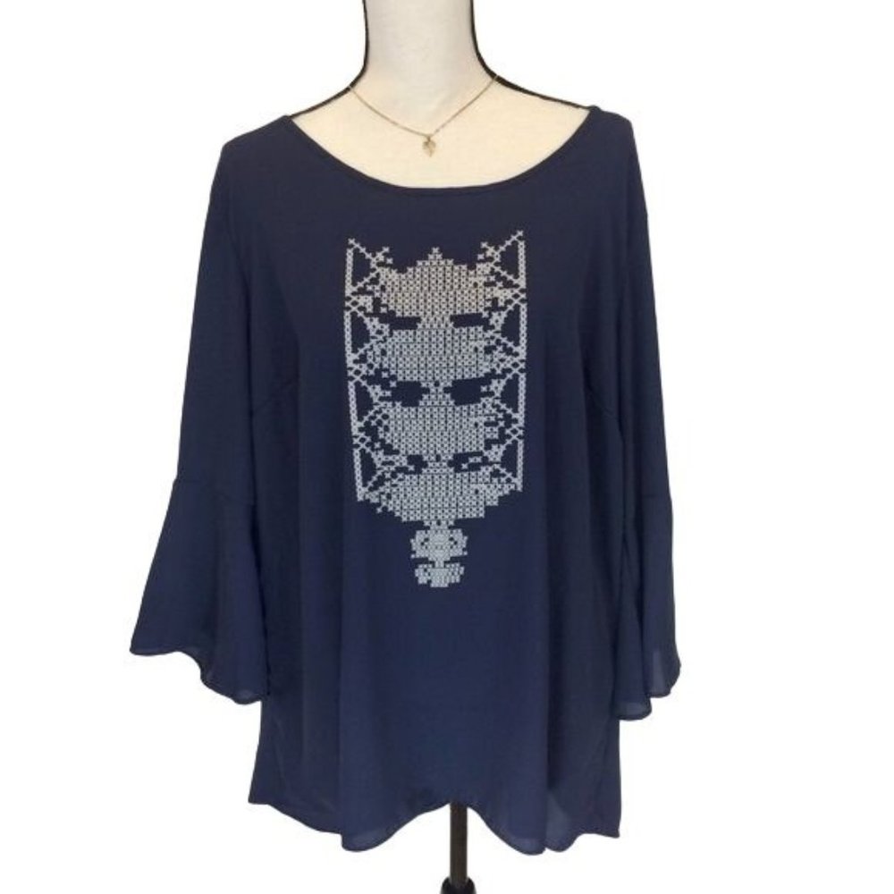 ING Womens Navy Blue Chiffon Open Strappy Back Bell Sleeve Tunic Blouse Size 2X